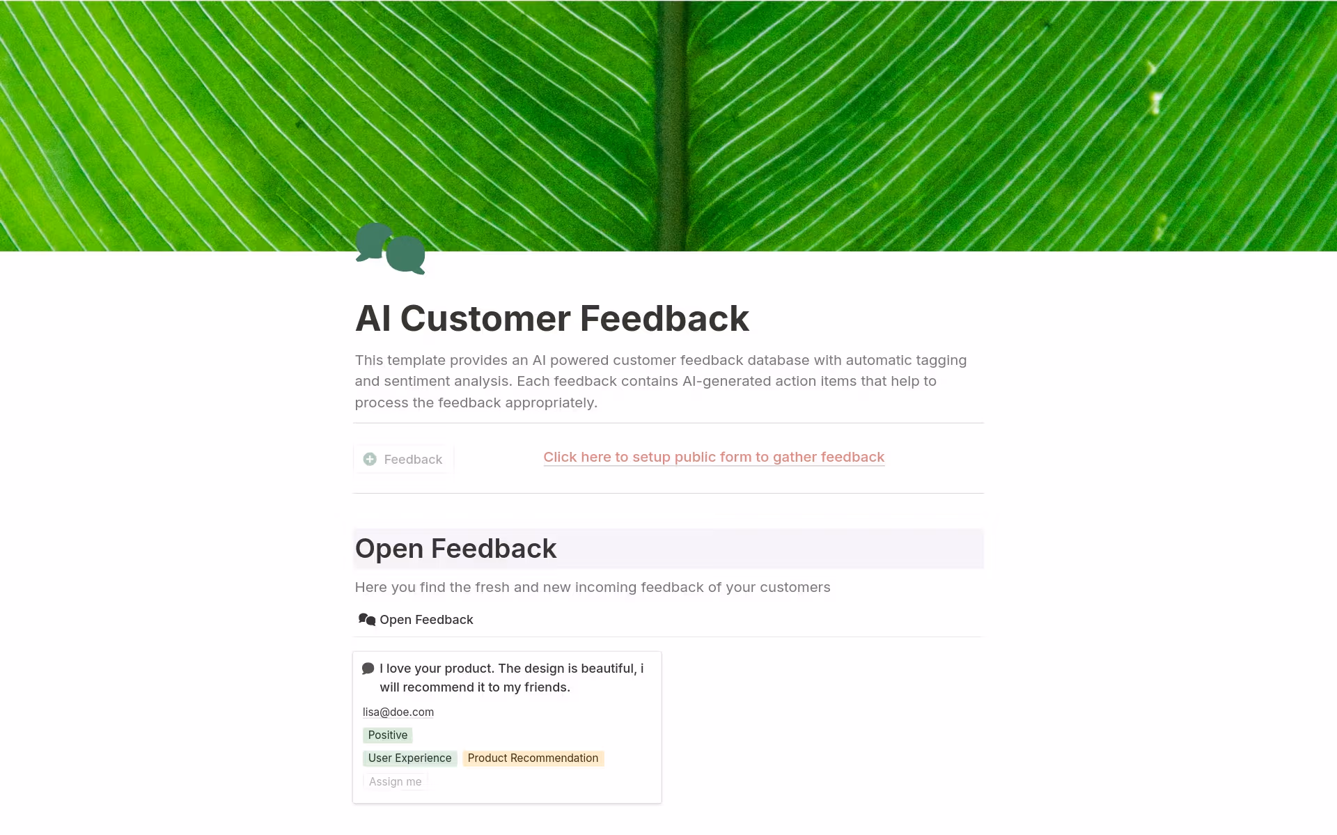 Notion AI’s customer feedback template