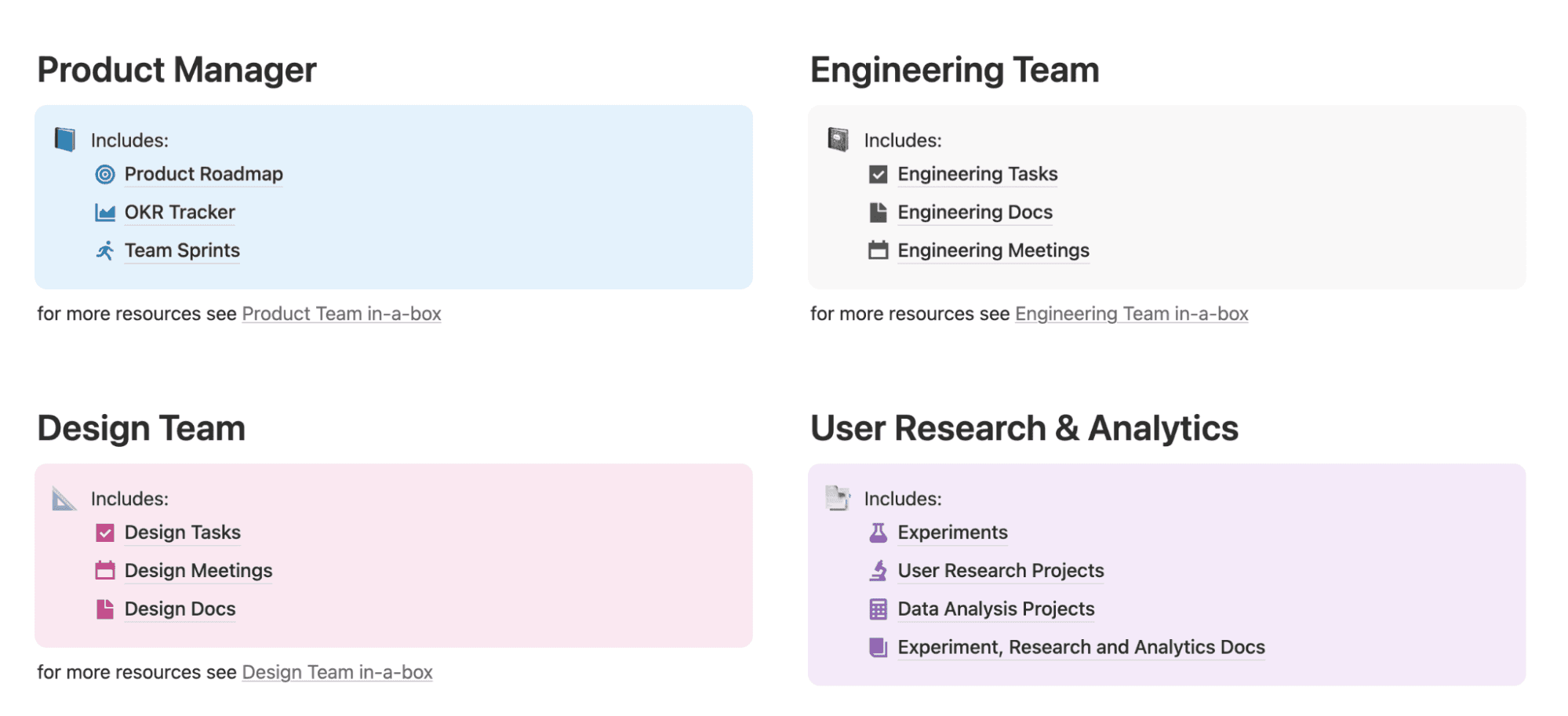 A Notion template, showing product, engineering, design, and research workspaces connected to roadmaps, tasks, and OKRs