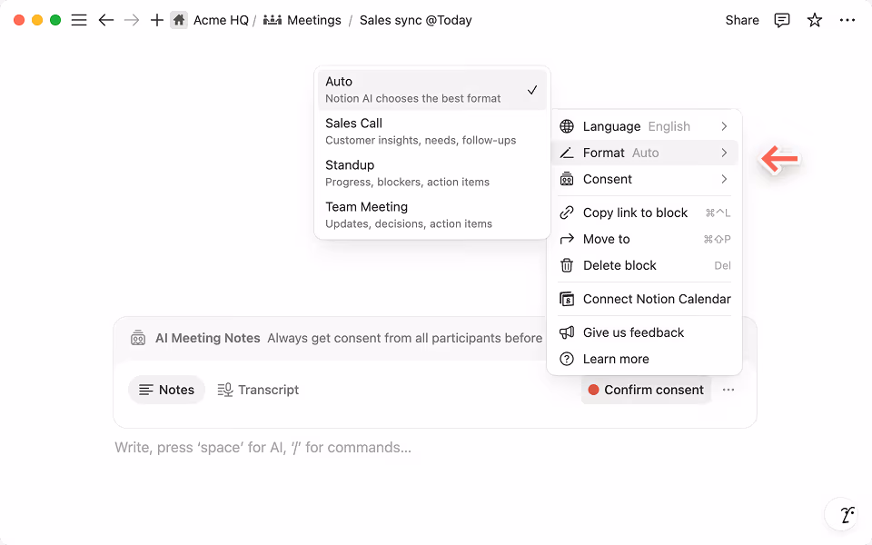 Choose the format option for your meeting so Notion AI can organize your conversation more effectively.