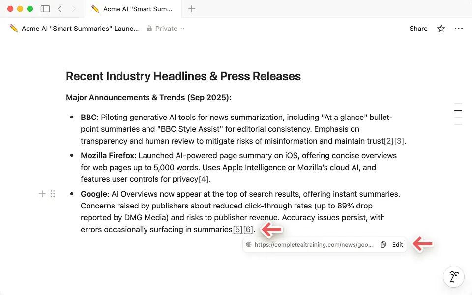 Every report includes hyperlinked citations, letting you see where insights come from.