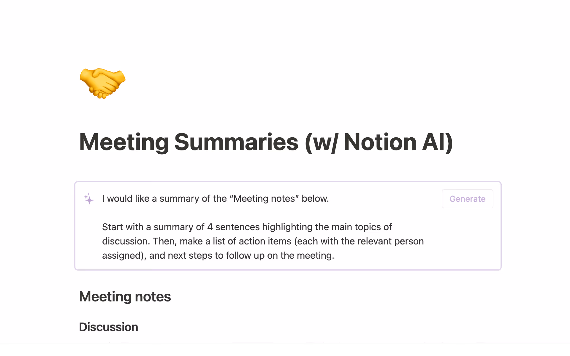 Notion AI prompts that instruct the tool to create a summary of meeting notes with action items