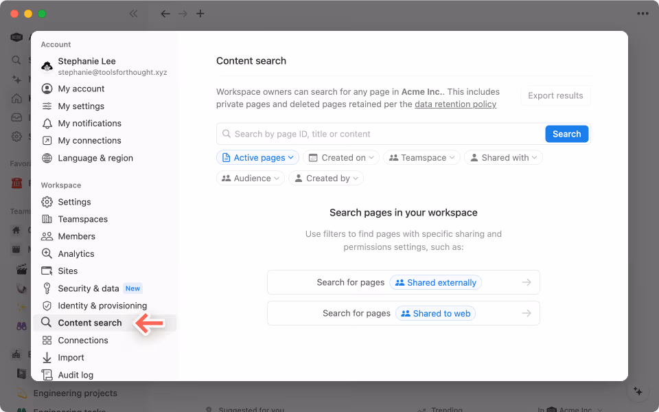Enterprise workspace owners can use Content Search to locate and restore deleted pages.
