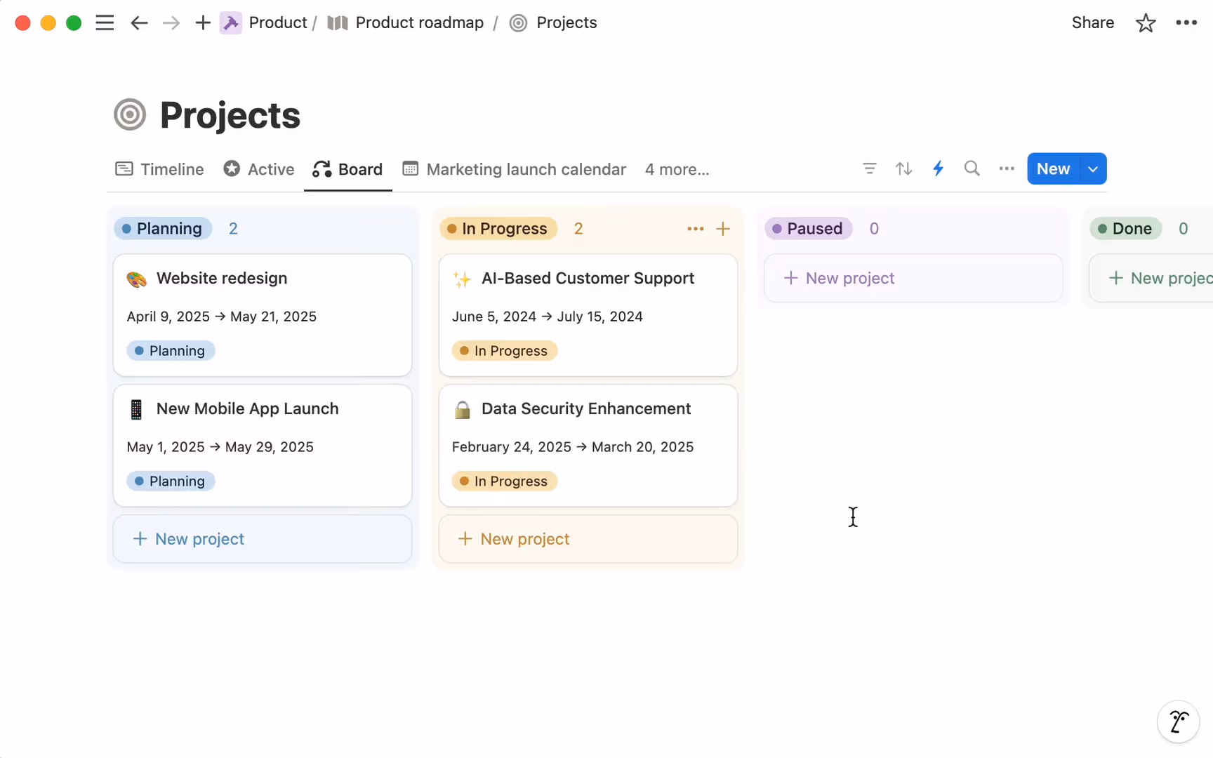 A Projects board in Notion that shows projects by status across teams