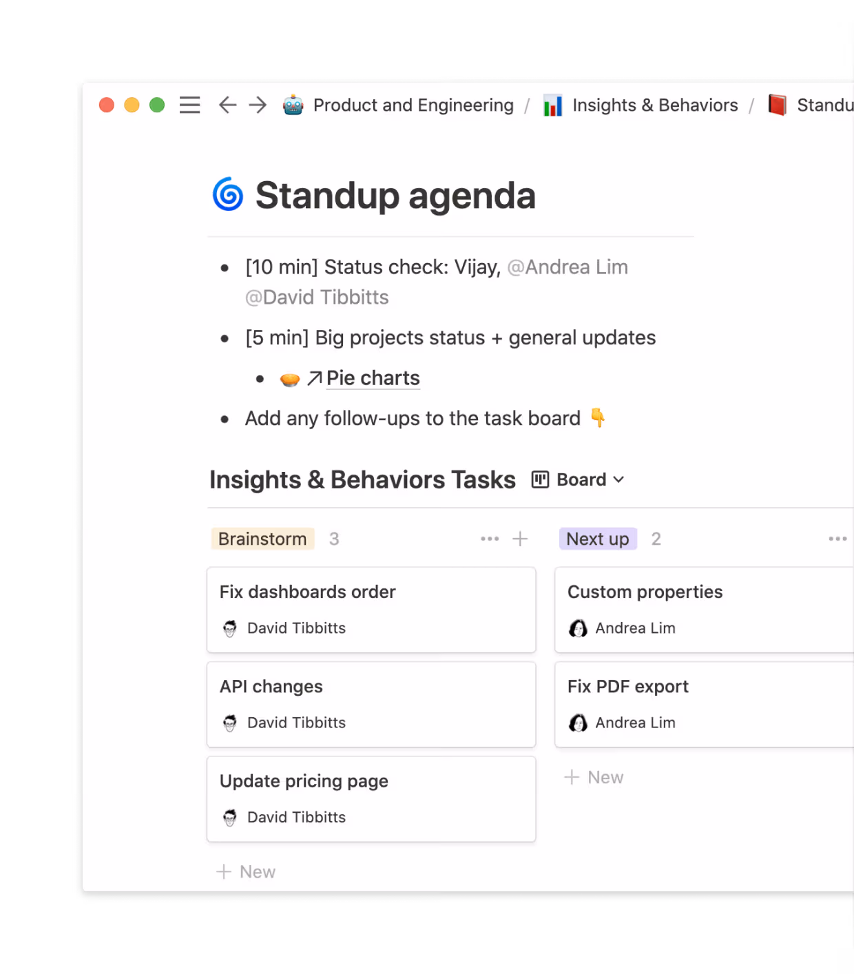 Embed a kanban board alongside notes, all in the same doc.