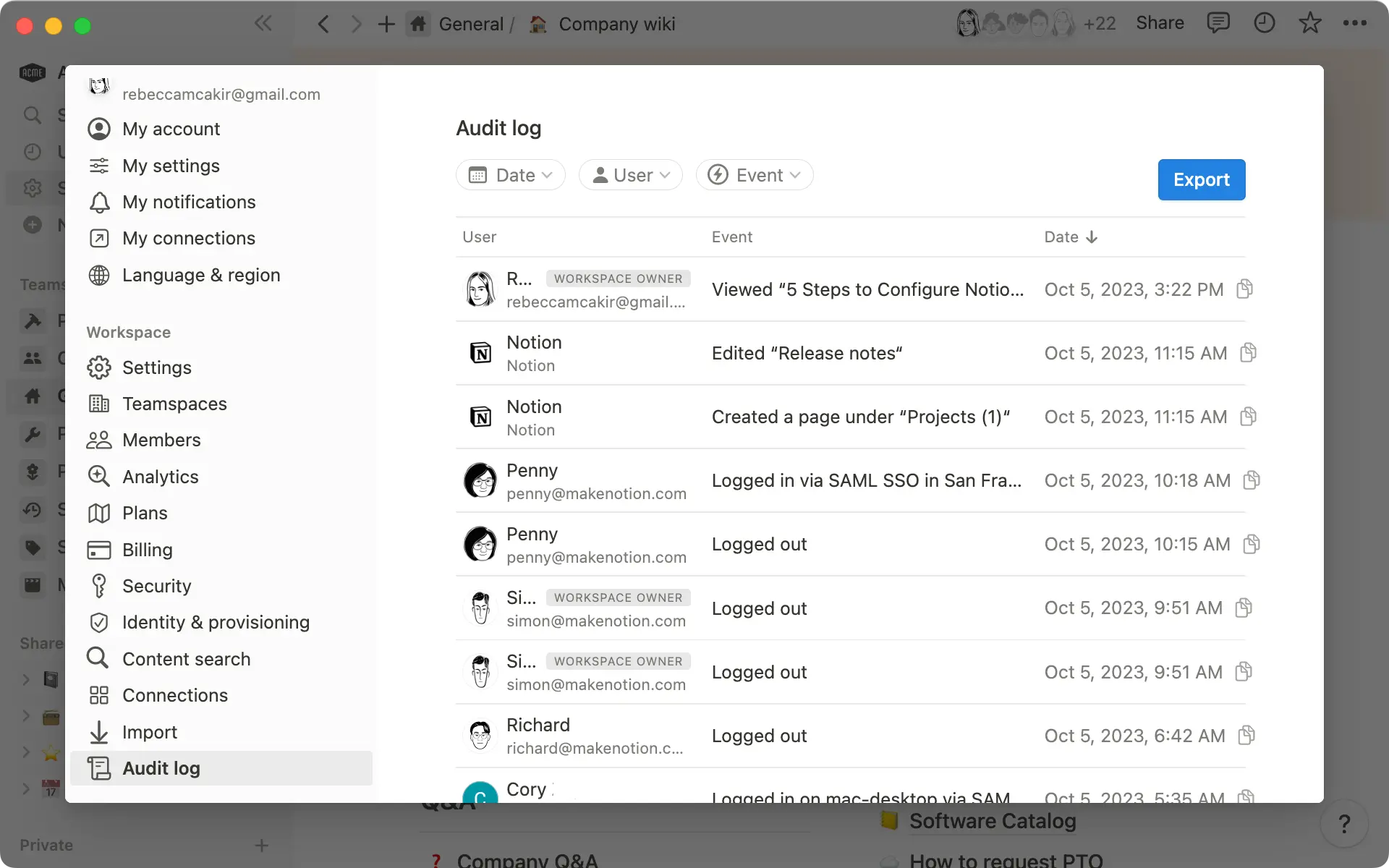Audit log allows workspace owners to see all events taking place across their workspace.